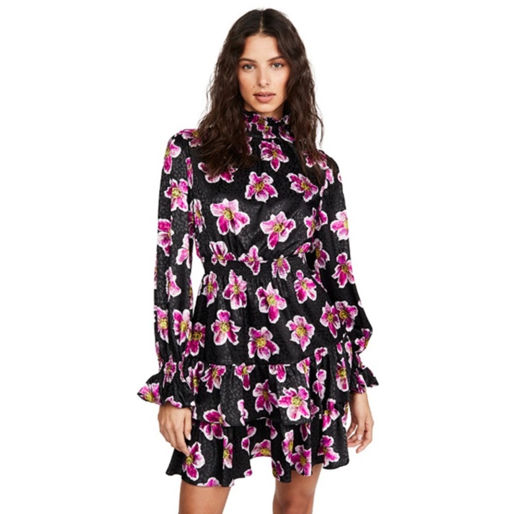 Borgo De Nor Black Purple Yulia Floral High Neck Ruffle Satin Dress Size 2 Sz Xs